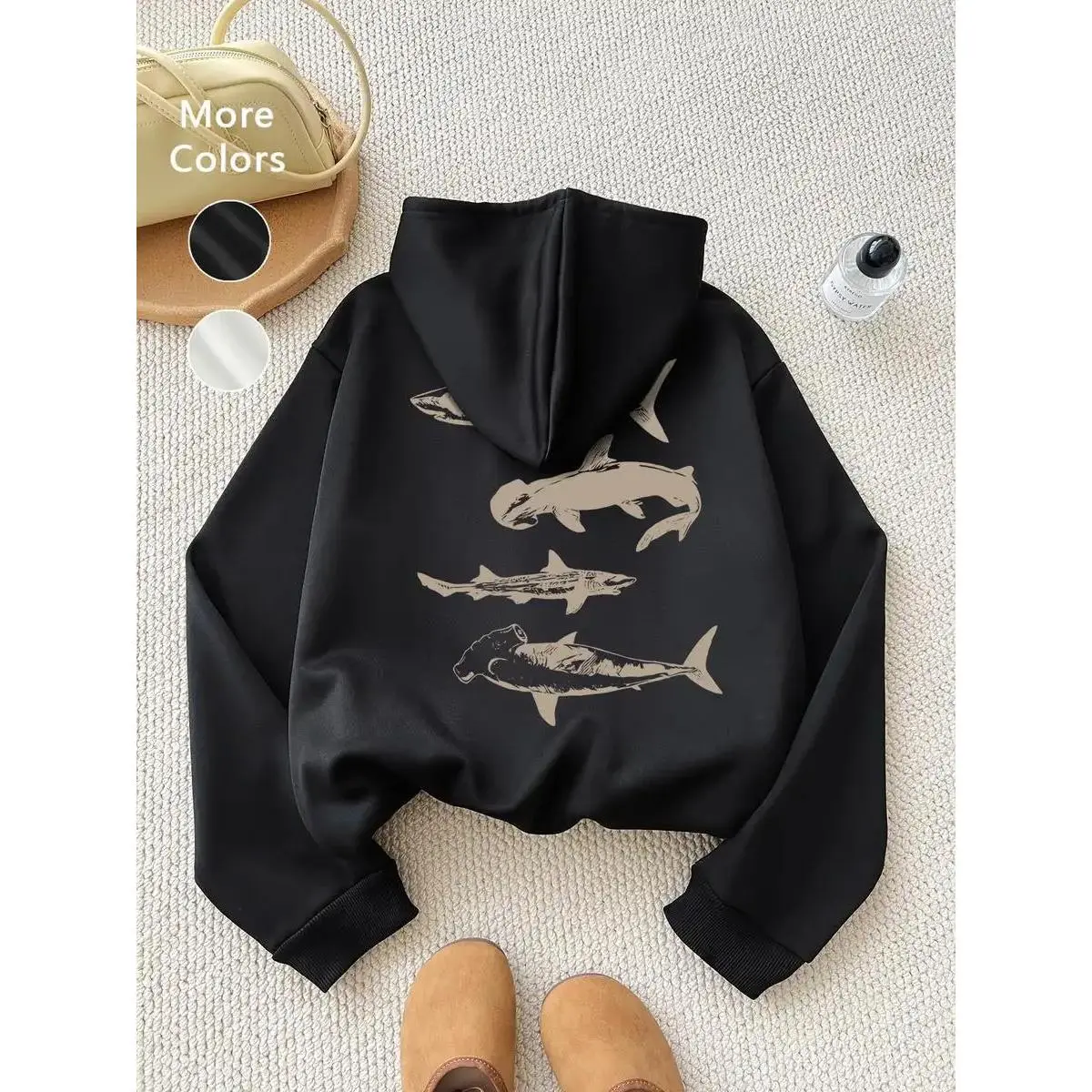 Women's Fleece Aesthetic Hoodie, Fall Winter Loose Fit Long Sleeve Pullover, Shark Print Casual Daily Wear, Unisex Fashion Top