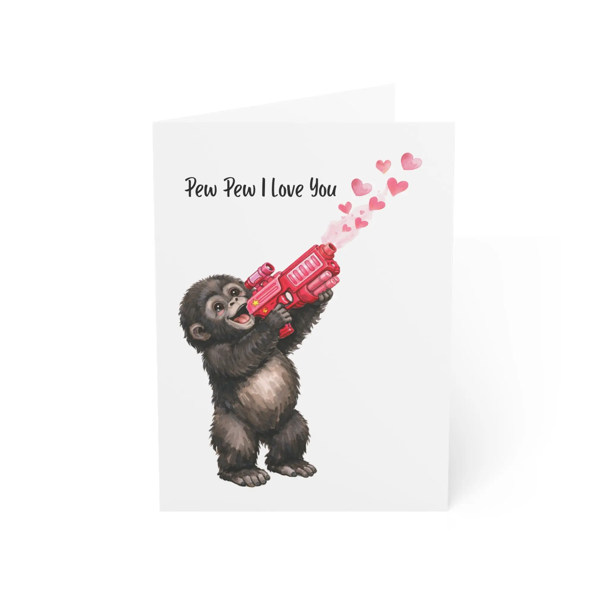 Pew Pew I Love You Funny Gorilla Valentine's Day Card with Adorable Baby Gorilla Aiming Love Blaster and Floating Pink Hearts
