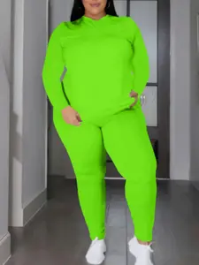 Women's Plus Size Two-Piece Set, Long Sleeve Round Neck T-Shirt Top & Tight-Fitting Pants, Casual Fashion Clothing for Women