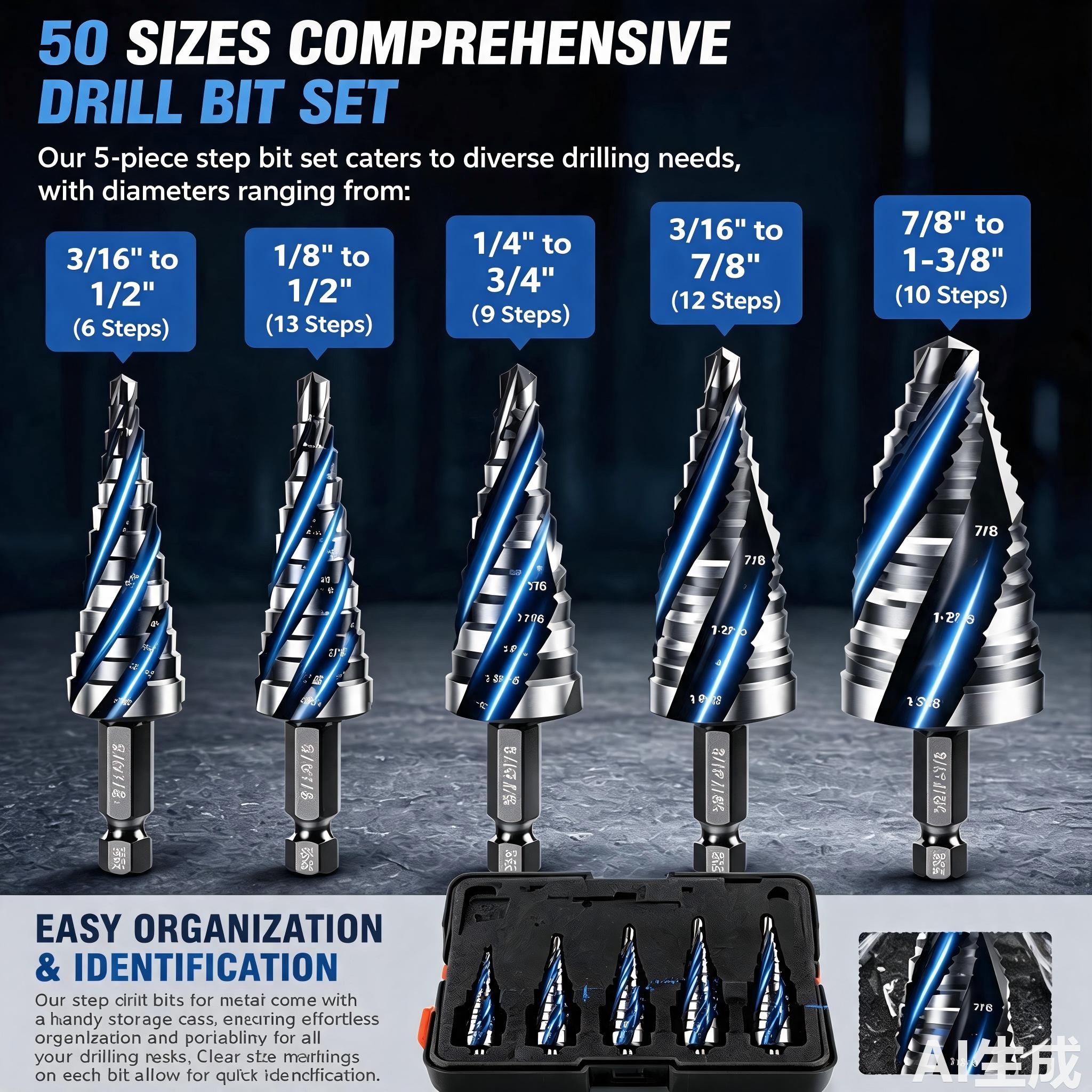 Step Drill Bits, Four Spiral Flute 5PCS HSS Titanium Step Drill Bit Set for Stainless Steel,Metal,Aluminum,Wood,Plastic