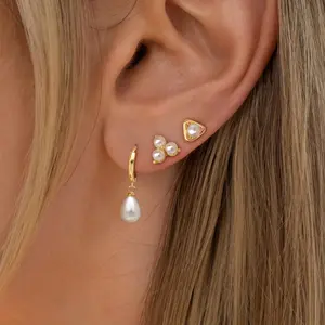 Tewiky 3 Pairs Pearl Earrings for Women Trendy Pearl Earrings Hoop Huggie Earrings Dainty Drop  Stud Cartilage Earring Autumn Jewelry