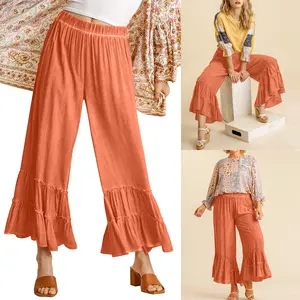 WoodBerry Women's Linen Palazzo Pants, Elastic High-Waisted Wide-Leg Bottoms with Ruffle Ruched Details, Flowy Basic Bohemian Lady Beach Trousers for Boho Outfits