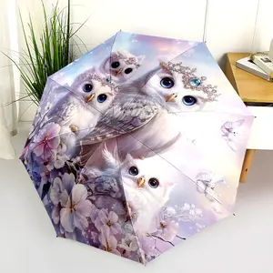 1 PC Automatic Folding Umbrella - Magical Owl Family with Flowers Pattern, Portable & Foldable Design with 8 Ribs, Merry Christmas Pattern,Casual Outdoor Accessory Halloween and Christmas Birthday Gifts. H009