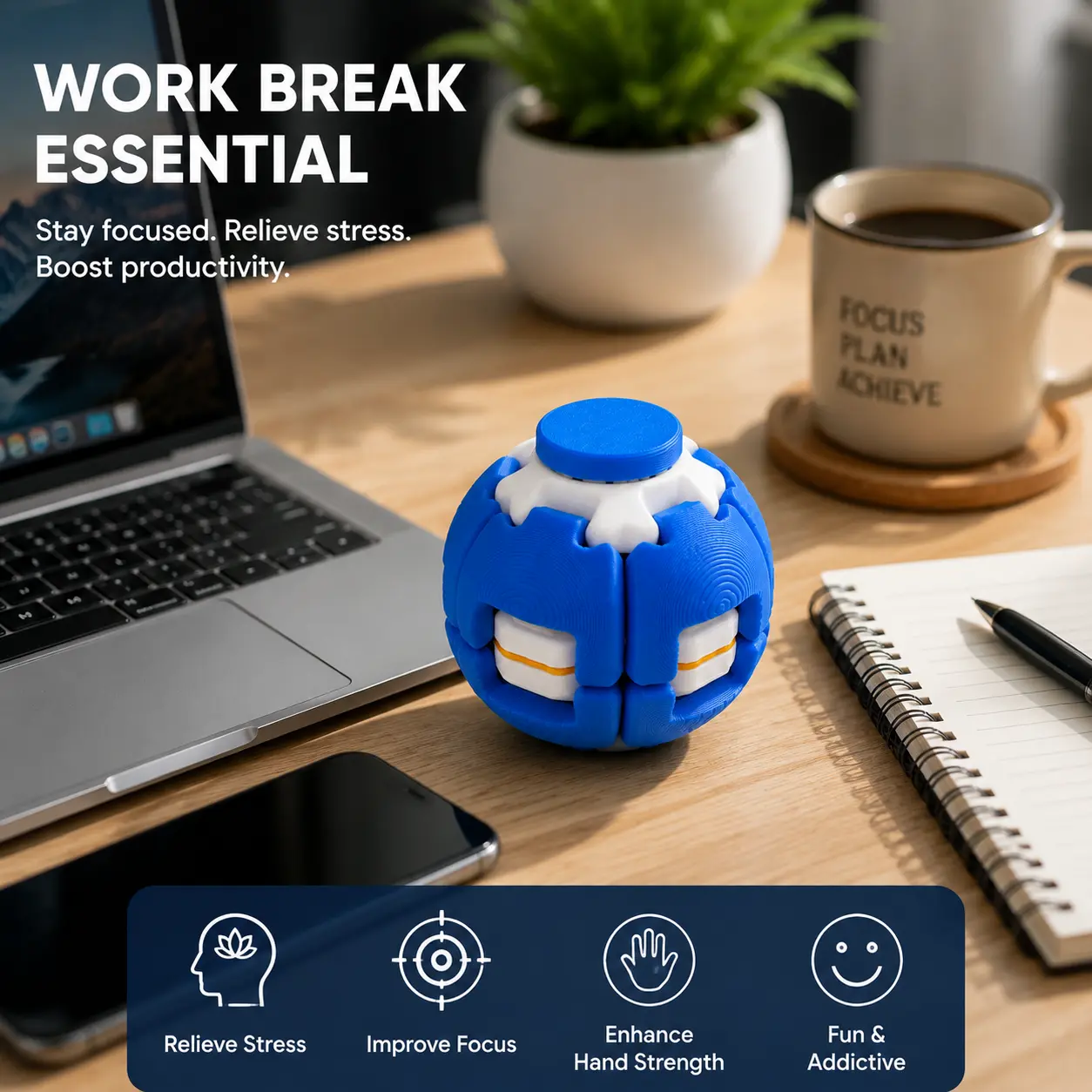 3D Printed Rotating Stress Relief Ball, Press to Transform Sensory Toy with Smooth Gear Motion, Portable Desk Gadget for Relaxation, Focus and Everyday Fun