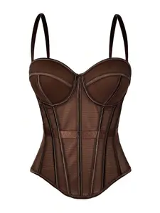 ARTYOTI Women's Solid Color Corset-Style Brown Backless Mesh Camisole With Bra, Autumn/Winter Lingerie Casual Summer