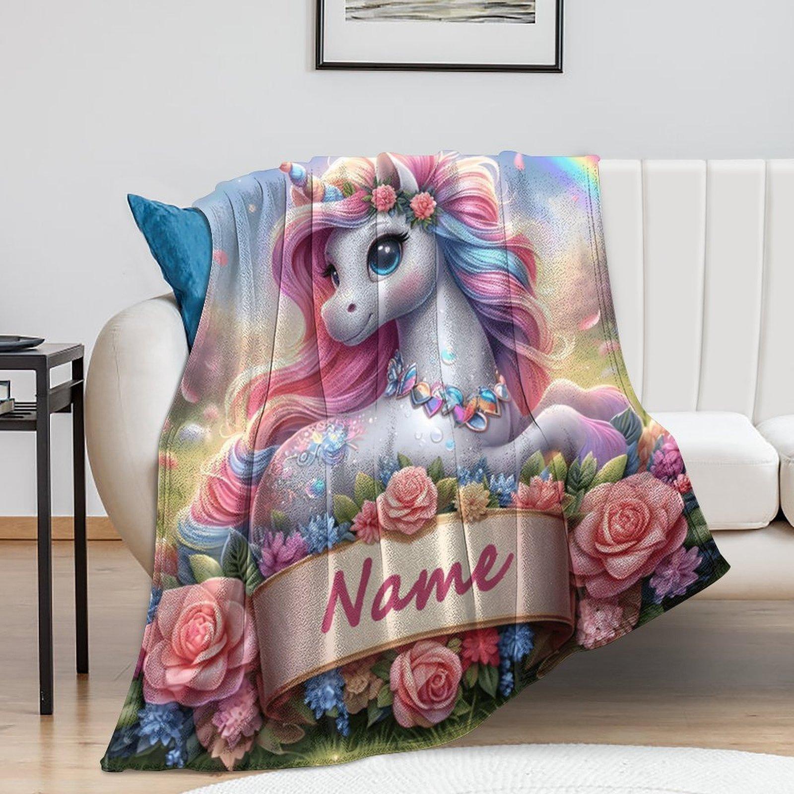 Custom Name  Cute Unicorn Blanket ,Personalized Name Gift ,Suit for The Sofa, Bed, Travel, Camping, Living Room, Office, Chair，Gifts for Family or Child  ,Friend , Send your custom text via shop chat to personalize