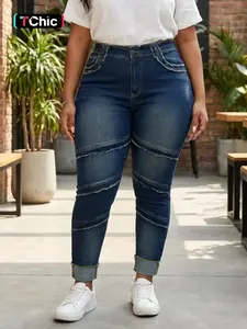 Women's Plus Size Elastic Jeans, Fashion Design, Ripped Effect, Frayed Waistband, Casual Street Style, All Seasons Denim Jeans