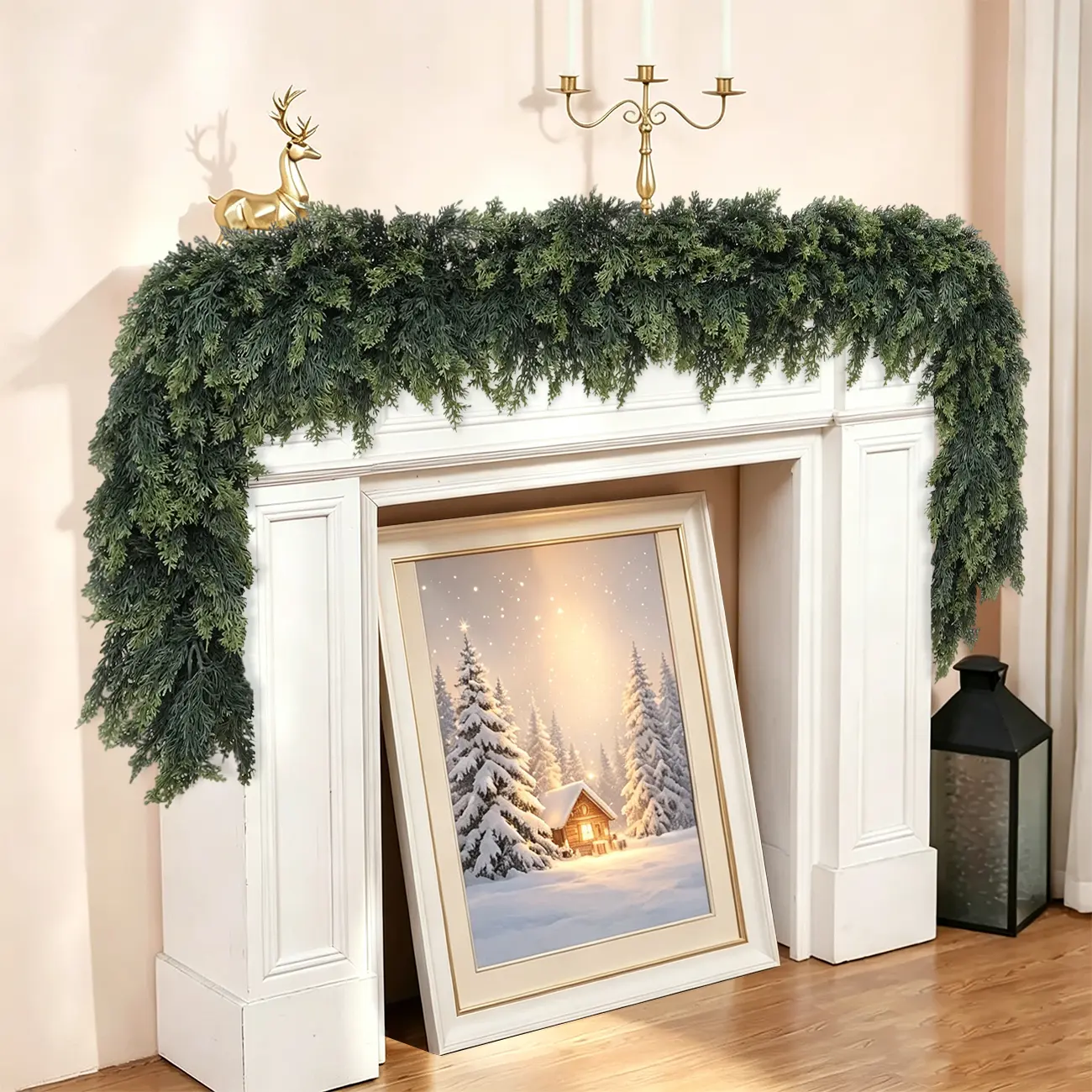 6 FT 2 Pcs Artificial Cedar Garlands, Real Touch Winter Cedar Garland, Lush Artificial Snow Cedar Greenery Swag for Table Mantle Wall Indoor Outdoor Christmas Holiday Home Decor（2, 6 FT)
