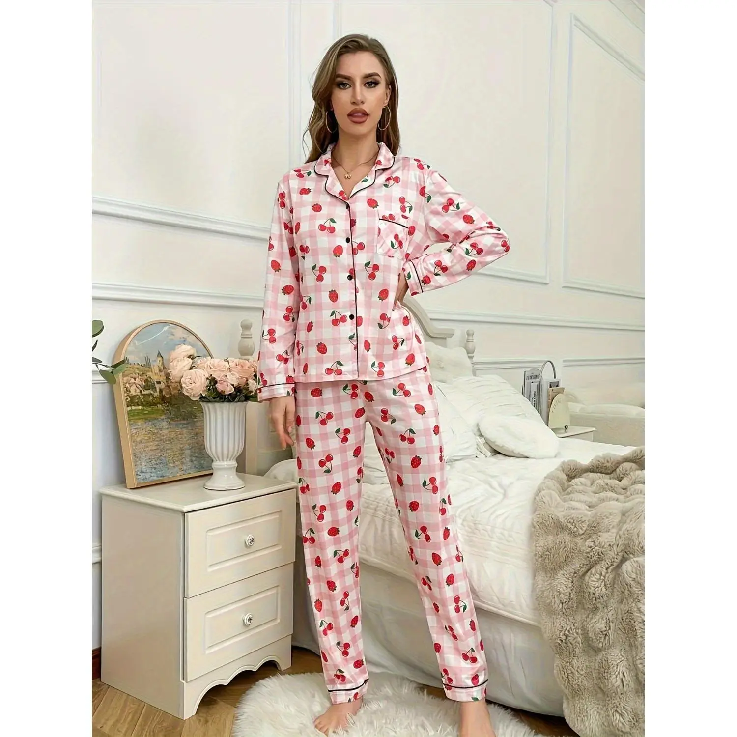 Women's Adorable Pink Cherry & Strawberry Plaid Pajama Set - Long Sleeve Cozy Sleepwear for Autumn & Winter
