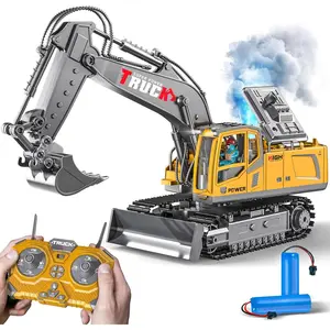 17CH Remote Control Excavator Construction Toy for Boys - 2400mAh RC Excavator w/Metal Shovel/Spray/Lights/Sounds, 2.4Ghz RC Bulldozer for Kid,RC Stunt Engineering Vehicles Kid Toys Gift for 8-12 Year