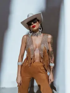 Brown Fringe Jacket, Rhinestone Fringe Suede Vest, Western Diamond Fringe Jacket, Country Girl Cowgirl Jacket, Barn Wedding Bridal Outfit - Womenswear, Tops