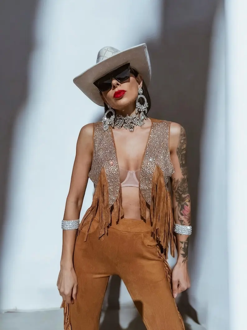 Brown Fringe Jacket, Rhinestone Fringe Suede Vest, Western Diamond Fringe Jacket, Country Girl Cowgirl Jacket, Barn Wedding Bridal Outfit - Womenswear, Tops
