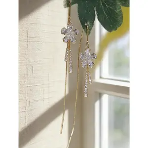 Gold Plated Flower Threader Earrings | Crystal Paved Tassel Design | Glamorous Party Jewelry | Perfect for Daily Wear & Birthday Gift for Her
