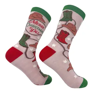 Women's Merry Christmas Yall Socks Funny Xmas Cowboy Boots Footwear Funny Graphic Socks Comfortable Fitted Spandex Cotton