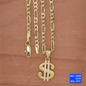 Nice Dollar Sign Pendant 18k color Chain Figaro link Diamont cut 14k color 24 & 18 Inches 3.5 Millimeters Laminated Gold SKU : CH08, CH14, SKU : KP11