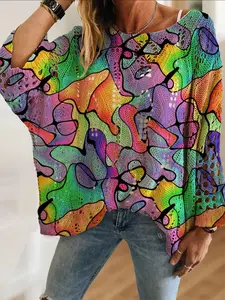 Women's Asymmetrical Colorblock Gradient Print Long Sleeve Knit Top, Casual Elegant Resort Style Sweater, Comfortable Breathable Women's Shirt, Beach Sweater