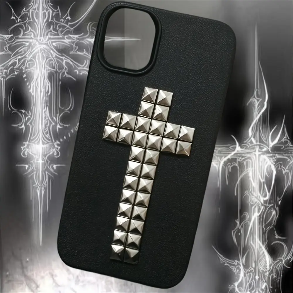 Punk Cross-Religious Rock N Roll Rivet Metal Faux Leather Smartphone Casing - Shockproof Soft Back Protector Accessory for iPhone 17,16,15,14,13,12,11 Pro Max Plus - Handheld Device Protection