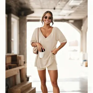 Womens Pajamas 2 Piece Lounge Sets Oversized V Neck T-Shirts Tops Biker Shorts Set