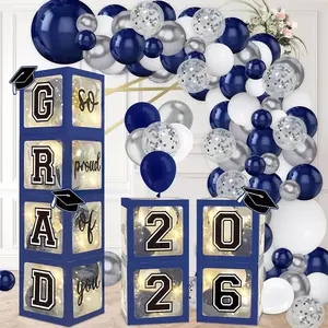 Navy Blue 2026 Graduation Decorations Set of 4 Grad Balloon Boxes with 139pcs Balloon Arch Garland Kit & 4 Lighted Strings - So Proud of You 2026 Graduation Decorations
