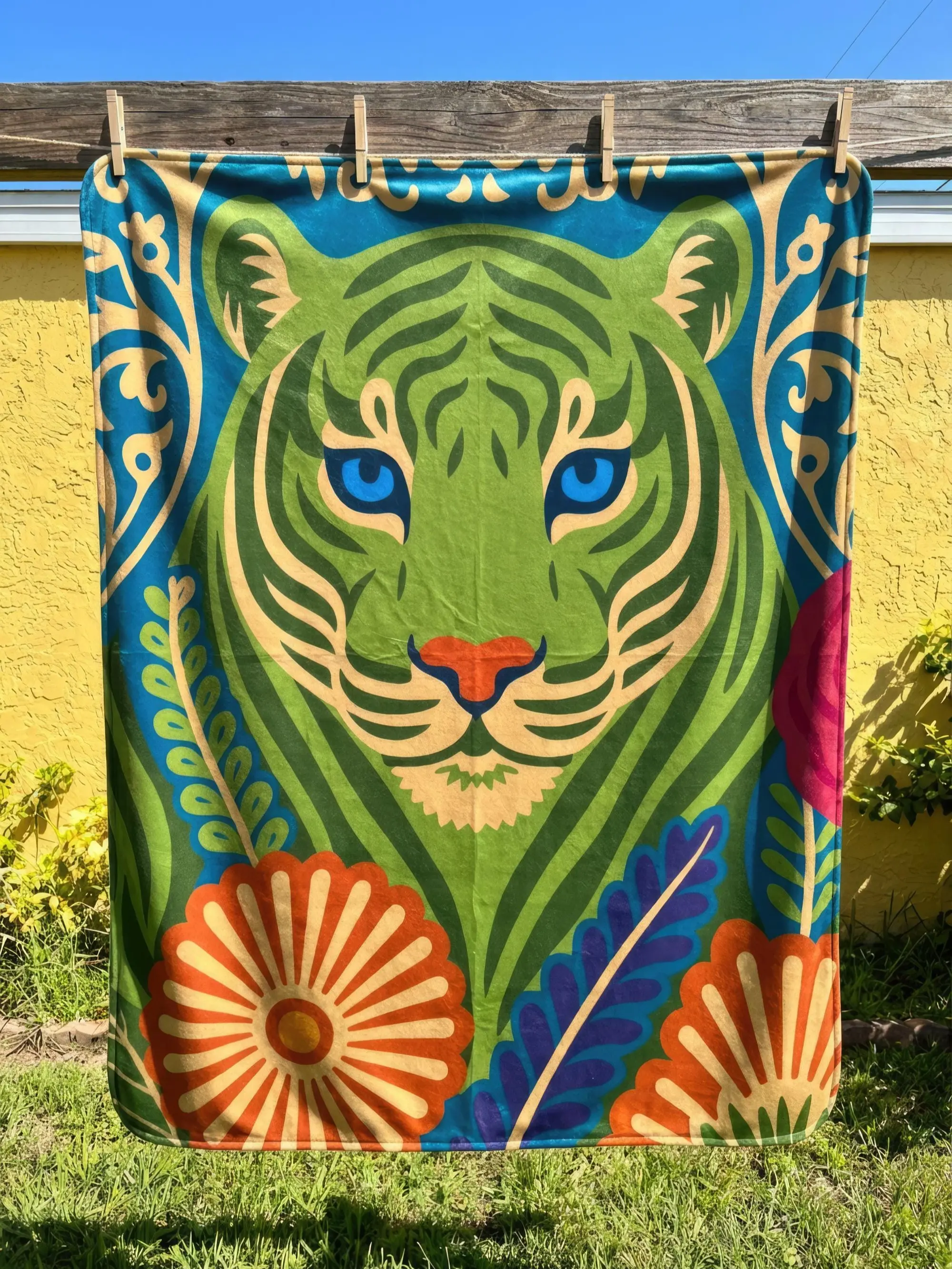 Maximalist Green Tiger Throw Blanket, Art Nouveau Junglecore Decor, Dopamine Decor Fleece, Eclectic Animal Lover Gift, Funky Home Decor