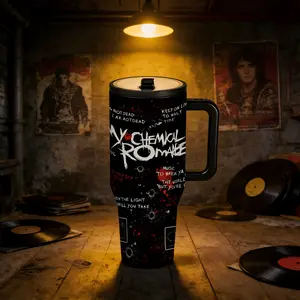 1pc 40oz Sleep token Rock Punk Style Tumbler With Handle And Lid, Dark Graffiti Text Print Stainless Steel Insulated Travel Mug, Double Wall Vacuum Cup Flasks Keeps Cold 12H Hot 6H, Large Capacity Coffee Cup Gift For Music Lovers Men Boys