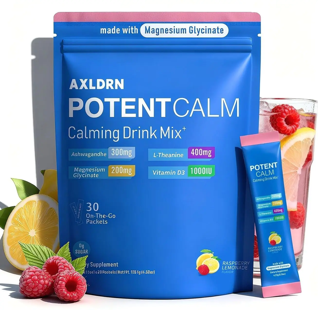 PotentCalm Super Cortisol Drink, Magnesium Glycinate Powder, L-theanine, Ashwagandha, Vitamin D, No Sugar, Raspberry Lemonade Electrolytes Powder - 30 Servings
