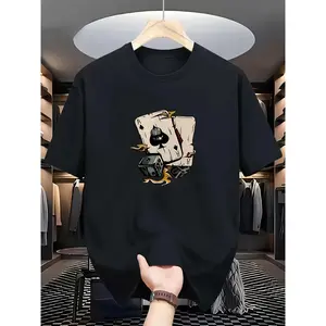 Cotton Short Sleeve  T-Shirt Men's Casual Black T-Shirt with Intricate Skull and Mechanical Design - Polyester and Spandex Blend, Crew Neck, Short Sleeve, Summer Fashion Graphic Tee