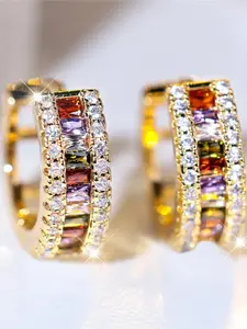Charm Female Rainbow Zircon Stone Clip Earrings Yellow Gold Color Wedding Jewelry For Women