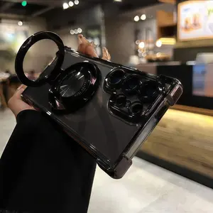 For Samsung S26 Ultra Phone Case Electroplated Silver Border Ring Bracket Case S25 Ultra Transparent Drop-Resistant Protective Case