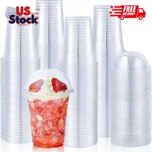 [100 Sets 12 oz Clear Plastic Cups With Dome Lids