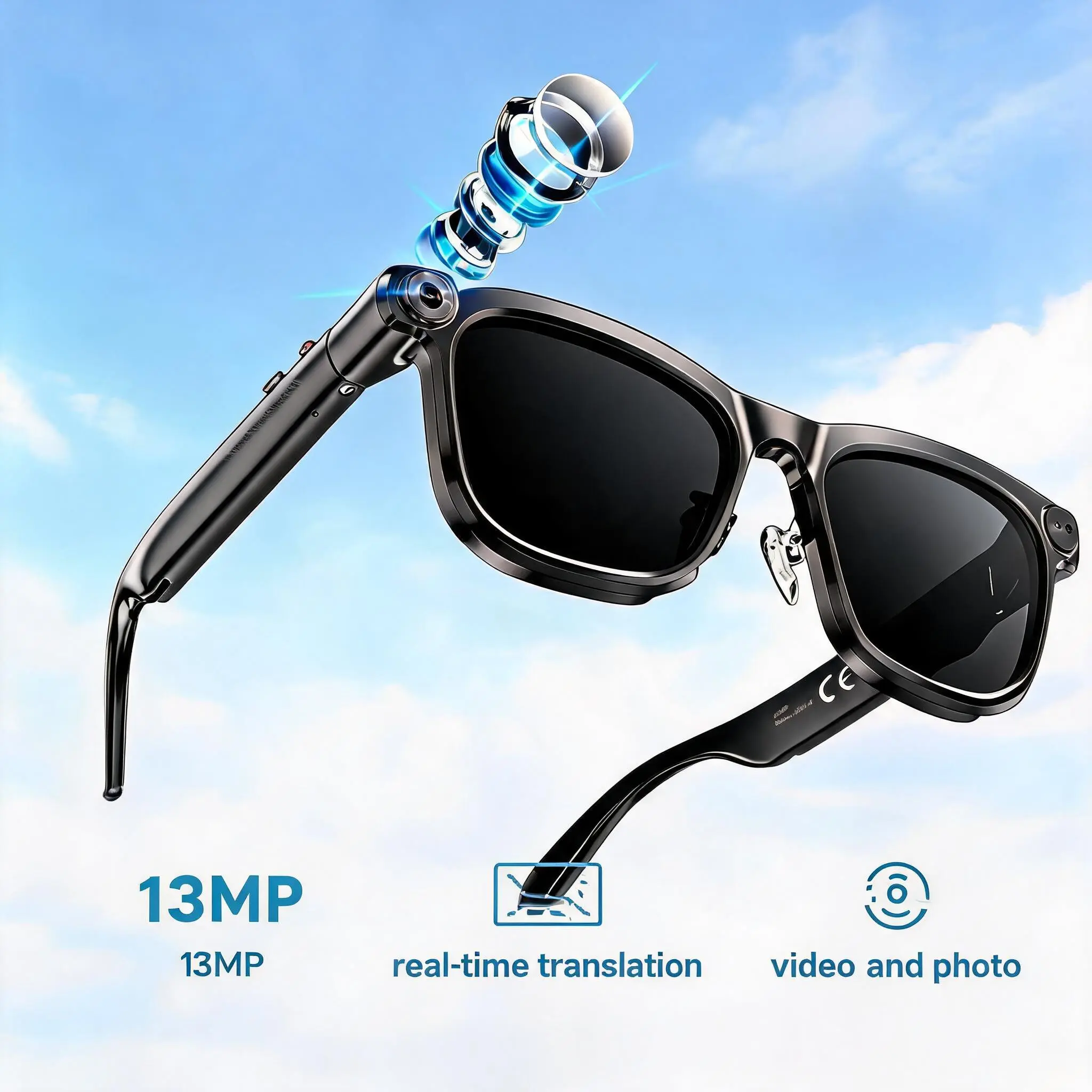 support, 13MP，VTYVTY AI assistant, UV400 protection, voice assistant, 8-hour battery life, Type-C charging port, suitable for men and women for driving, hiking, and outdoor activities Wearable Wearable Bluetooth Sunglasses With Camera Smart Camera Glasses