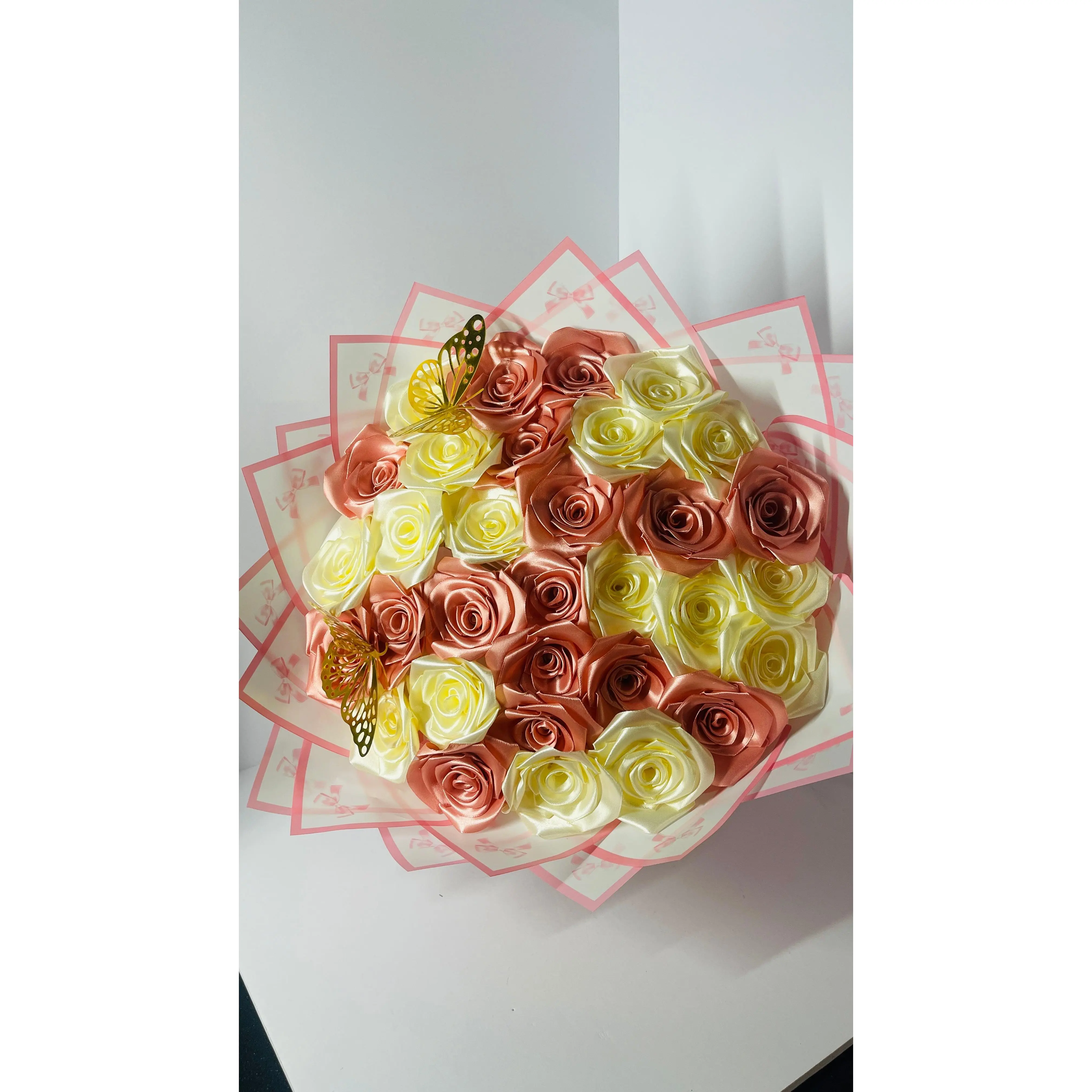 "Eternity" Artisan Satin Rose Bouquet - Premium Handmade Metallic Floral Ornaments Gift with Decorative Butterfly