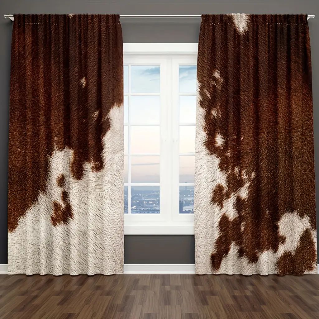 2pcs Cowhide Window Curtains Cow Curtains, Cow Print Farm Animal Fur Window Drapes for Western Cowboy Farmhouse Window Treatments Living Room Bedroom Decor White Brown,Rod Pocket