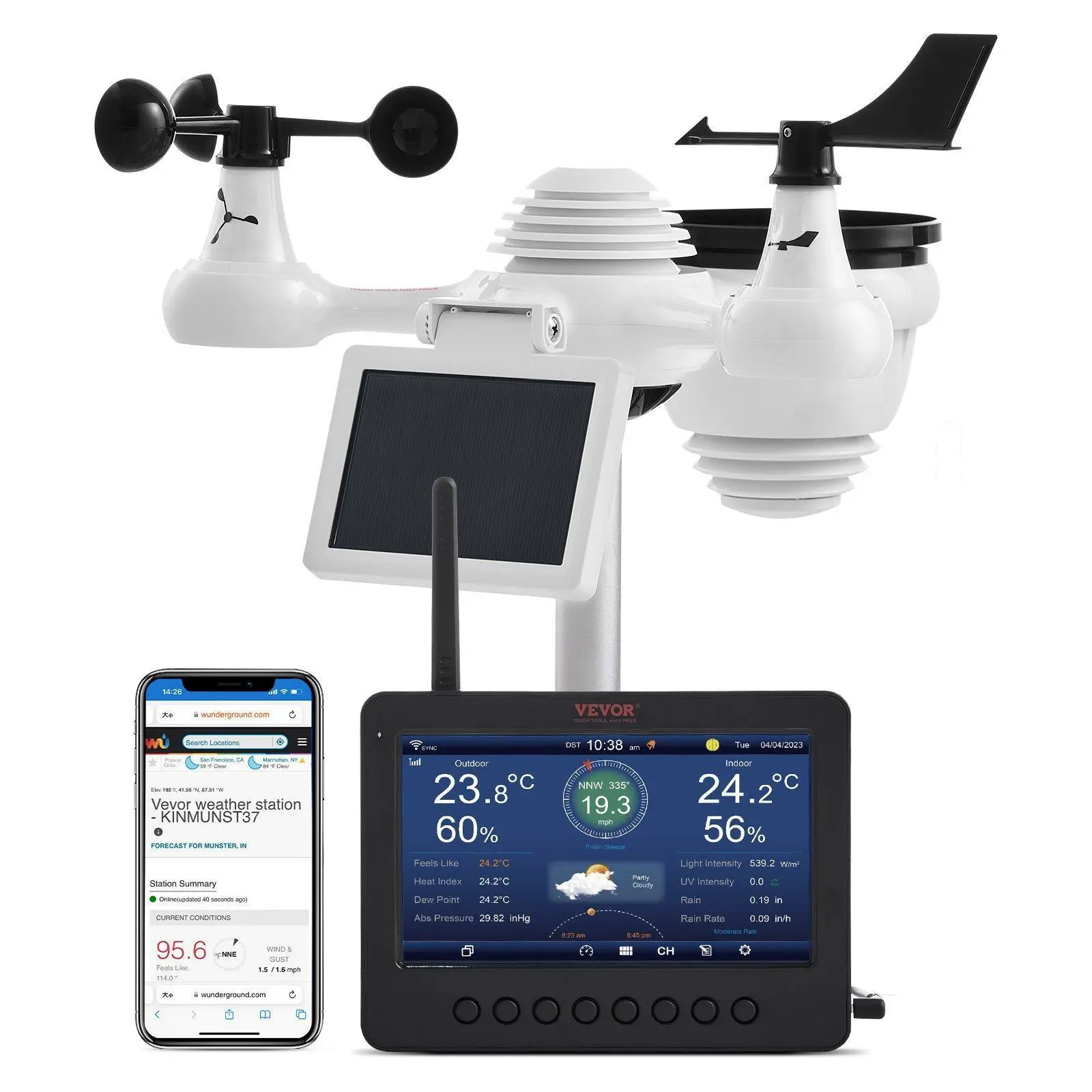 【SummerFinds】VEVOR 7-in-1 Wireless Weather Station - Wi-Fi, 7" TFT Color Display, Solar-Powered Outdoor Sensor, Rechargeable Aluminum Build, Temperature Humidity Sensors, Alarm Clock, Water Resistant, Indoor/Outdoor Monitoring