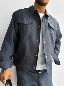Men's Digital Denim Look Overshirt, Streetwear Snap Button Zip Front Jacket, Solid Blue Shacket for Casual Wear & Night Out