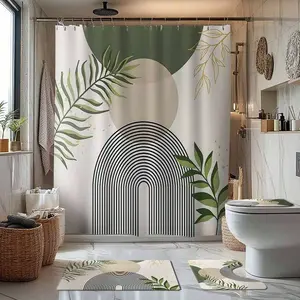 Bathroom Shower Curtain Set 1/4pcs Sage Green Boho Medieval Themed Waterproof Polyester Machine Washable No Drill Back To School Bathroom Decor