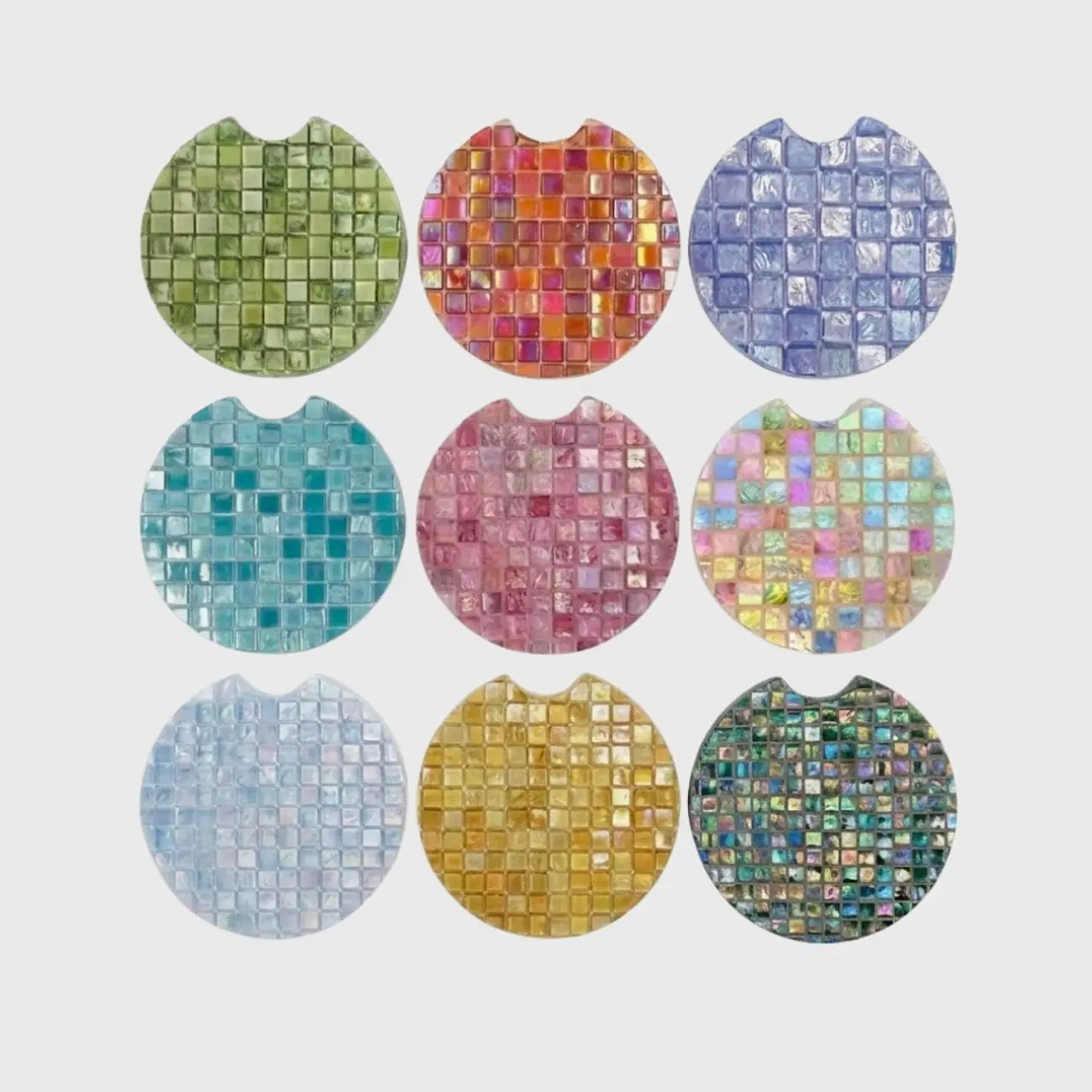 Mosaic Tile Soapstone Car Coaster with Finger Notch - Iridescent Absorbent Cup Holder Coasters Cute Car Decor