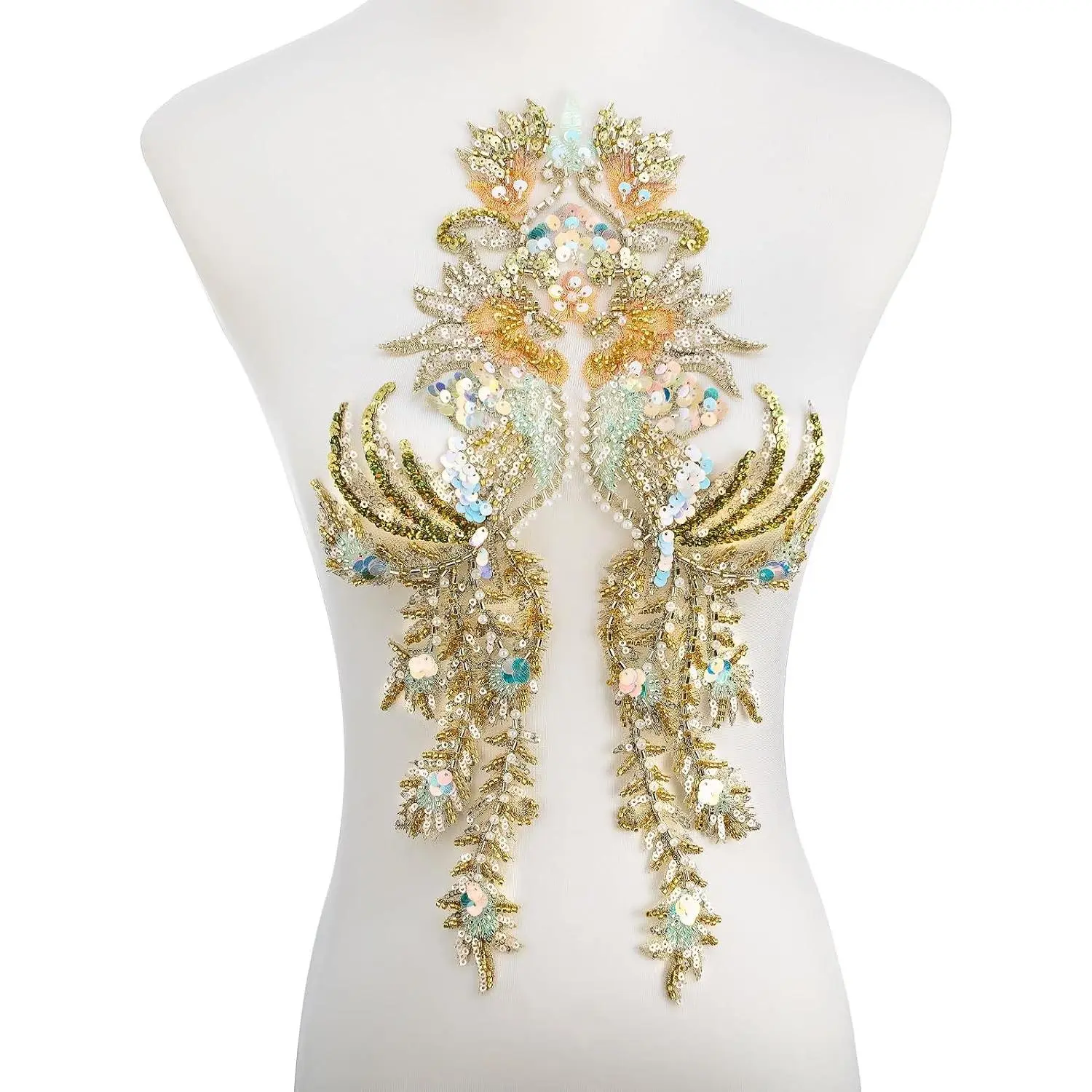 Gold Embroidery Pearl Beaded Sequin Applique, Handmade Sewing Tool for Wedding Dress Gown Bodice Costume Clothing Craft DIY (Gold-4)