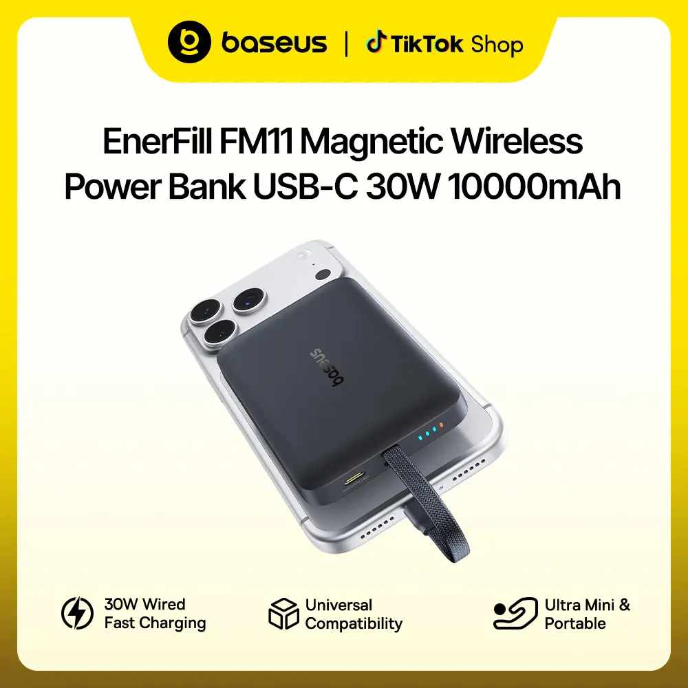 Baseus Magnetic Portable Charger - 10000mAh 30W MagSafe Wireless Chargeable Power Bank with Silicone Pad, Built-in Braided USB-C Cable, Instant Multi-Charge for iPhone 17 Pro Max/16/15/14/13, Smartphones, iPads