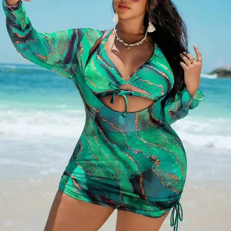 Plus Size Swimsuits for Women, 3 Piece Marble Print Bikini Set with a Long Sleeve Sheer Ruched Cover Up, Beachwear Swimsuit, Snug, Female, 2Xl, Printed Look, Three Pieces