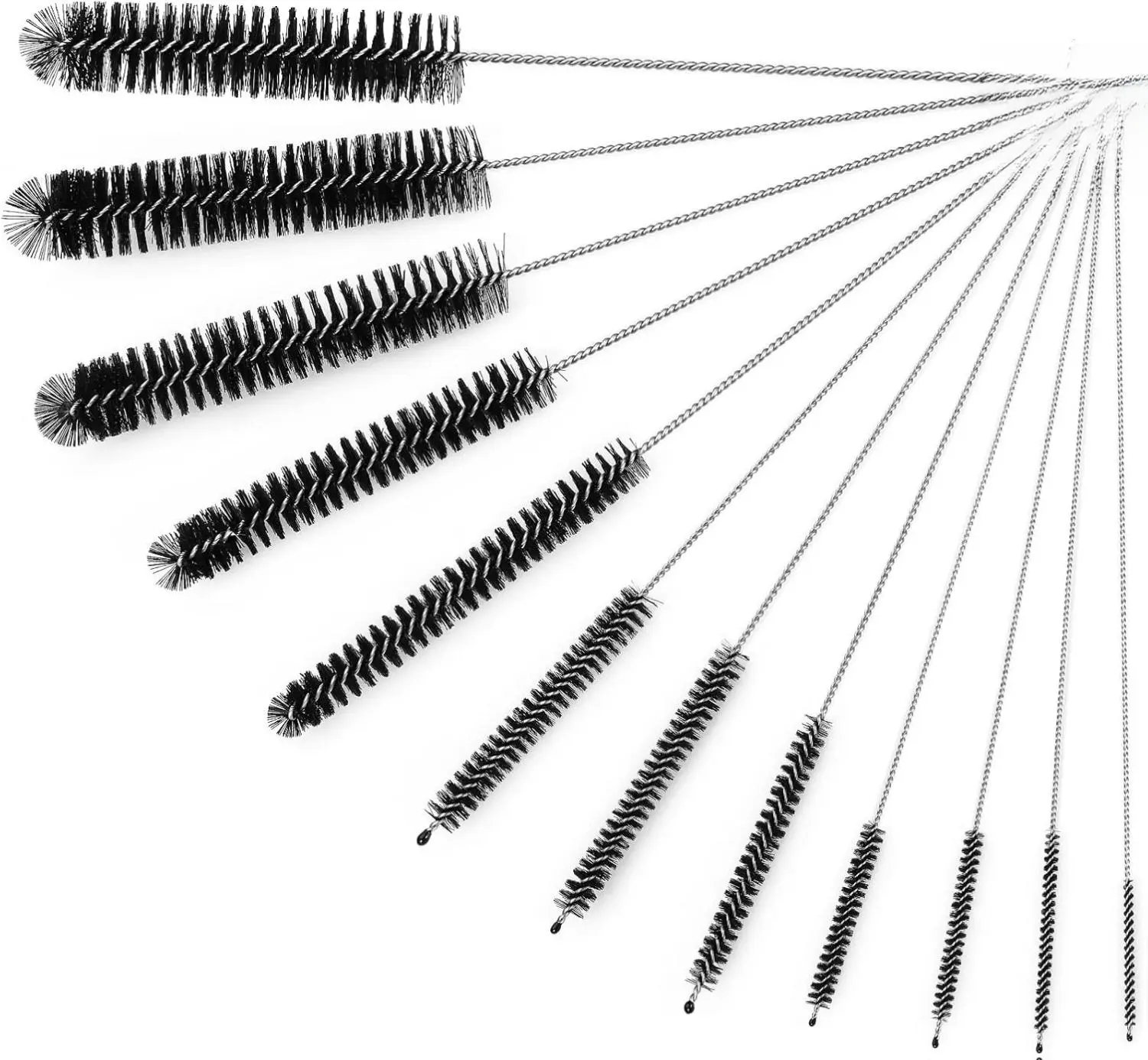12-Piece Flexible Bottle Washer Kit (8.2 in, Black) - Nylon & Steel Tubes, Stainless Steel Wire Straw Cleaners, Durable Long-Lasting Tool for Sippy Cups, Water Bottles, Multi-Size Compatible, Cleaning Pipes, Foam-Generating Effectively
