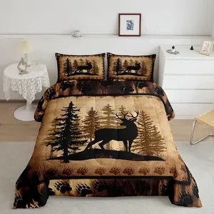Cute Deer Comforter Set, Deer Hunting Bedding Set, Room Decorative Rustic Bear Paw Print Comforter, Canbin Deer Brown Bed Comforter Set
