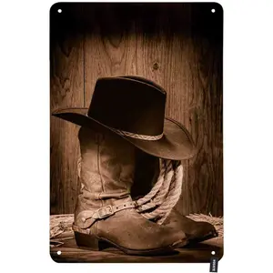 Rodeo Cowboy Tin Sign Black Felt Hat ATOP Old Ranching Rope in an Antique Wood Barn in Nostalgic Sepia American West Vintage Metal Tin Signs Wall Art Decor for Home Bars Clubs Cafes