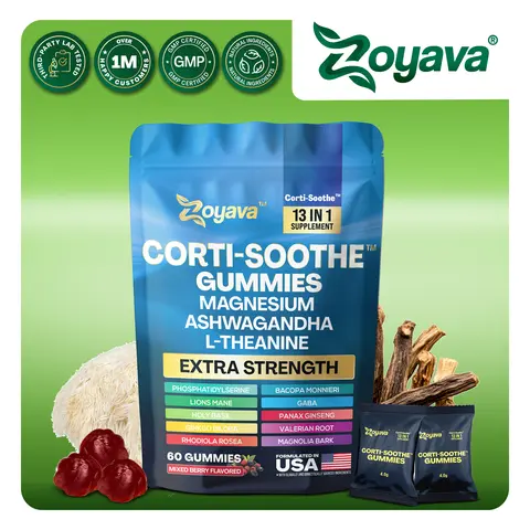 Zoyava Corti-Soothe Gummies - Mixed Berry Flavored All-in-One Cortisol Supplement with Magnesium, L-Theanine, Lions Mane & 10+ Extra Strength Ingredients, 60 Edible Gummies
