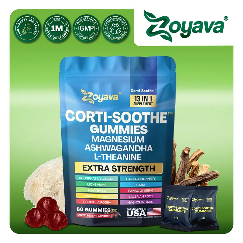 Zoyava Corti-Soothe Gummies - Mixed Berry Flavored All-in-One Cortisol Supplement with Magnesium, L-Theanine, Lions Mane & 10+ Extra Strength Ingredients, 60 Edible Gummies