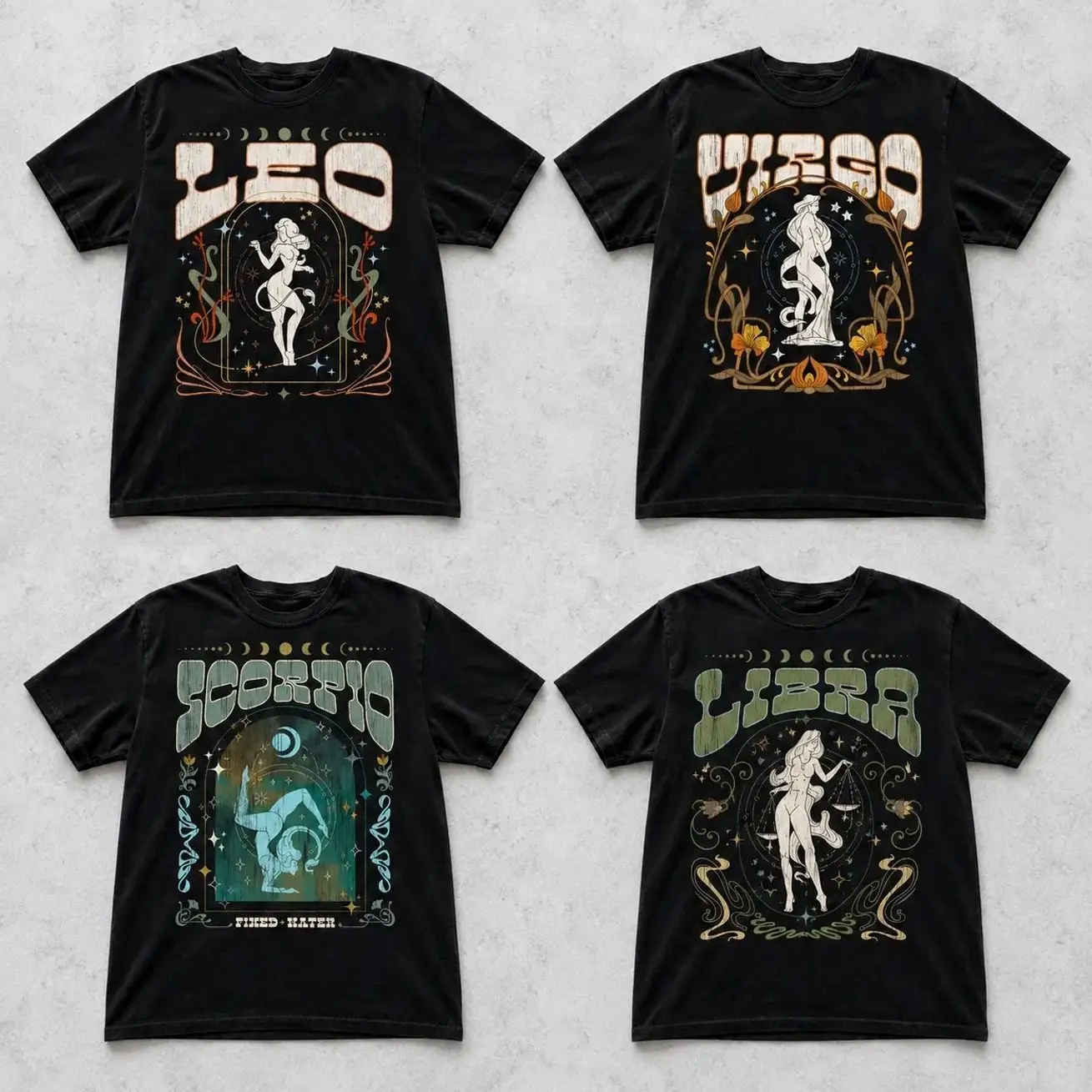 Vintage 12 Zodiac Graphic T-Shirt, Leo Virgo Scorpio Libra Astrology Tee, Vintage Celestial Moon Phase Star Sign Shirt, Retro Horoscope Gift for Women IA8