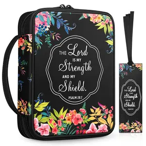 Floral Bible Cover with A Bookmark,  Carrying Church Study Book Case with A Handle and Zippered Back Pocket, Gift Idea for Her