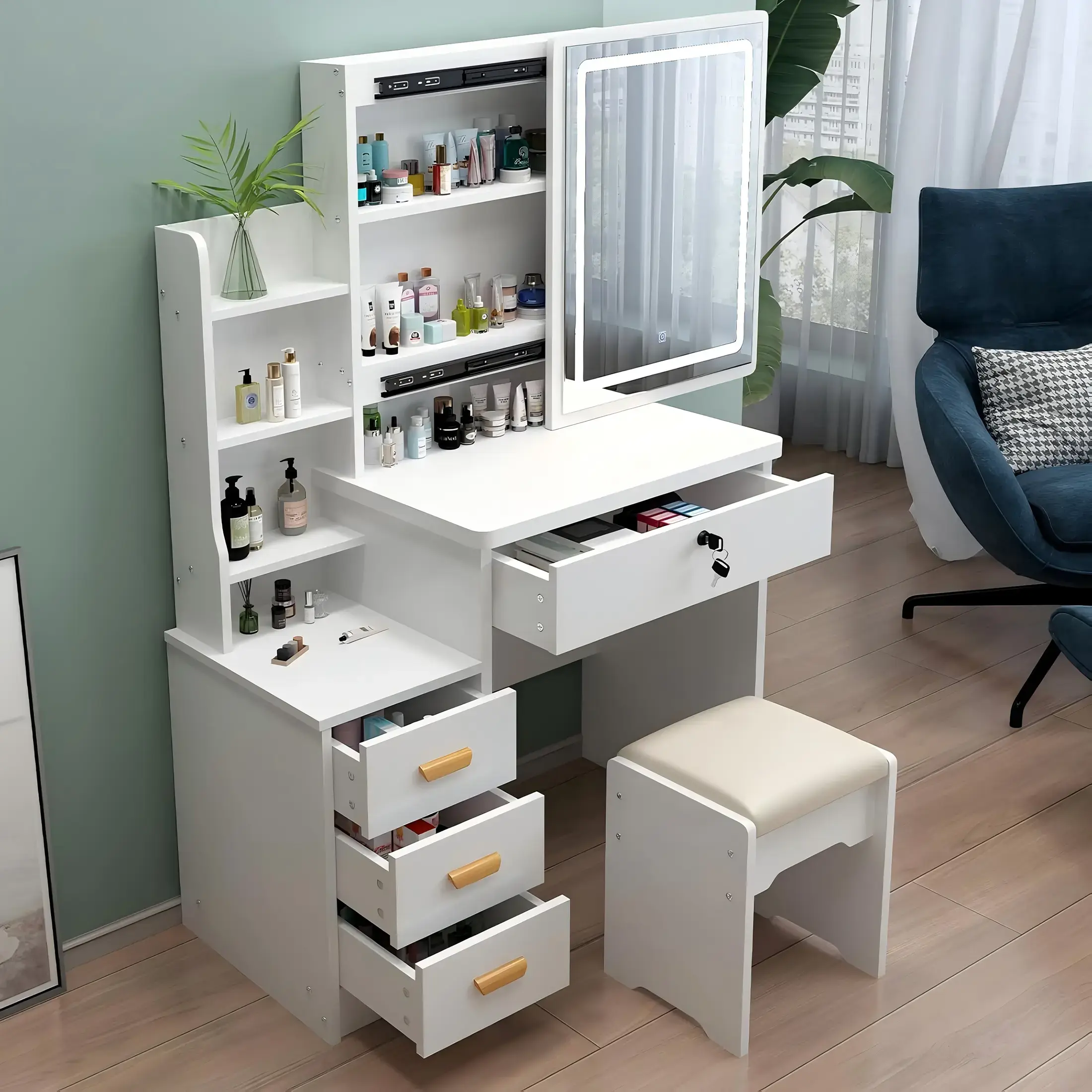 White European Style Makeup Vanity Desk with 3 Lighting Modes Mirror, Drawers, Open Storage Shelves – Indoor Furniture for Bedroom Gifts for Women