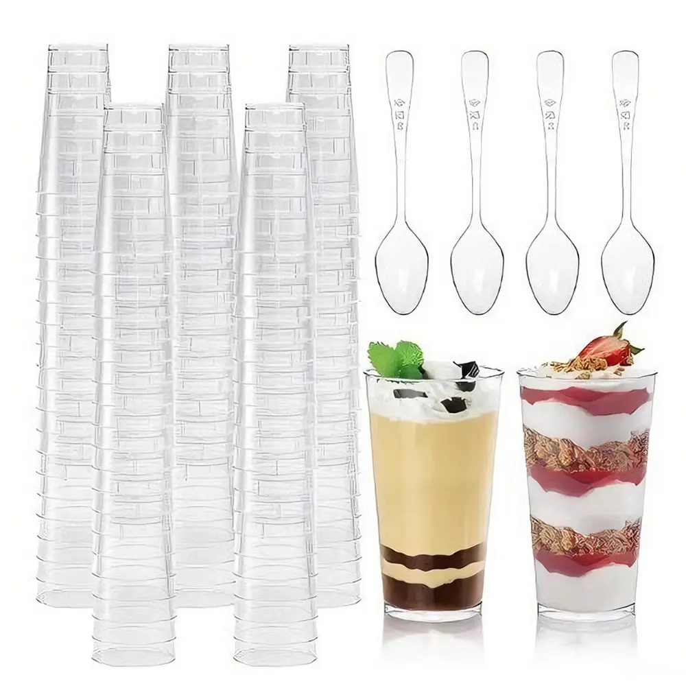 Disposable Plastic Mini Cups - 50-Pack 3oz Leak-Proof Round Dessert Cups with Spoons for Yogurt Parfaits, Cold Foods, Weddings, Ceremony, Anniversary