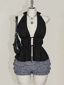 ICON Plus Size Women's Tie Front Halter Neck Ruffle Hem Backless Top, Vacation Beach Top, Summer Date